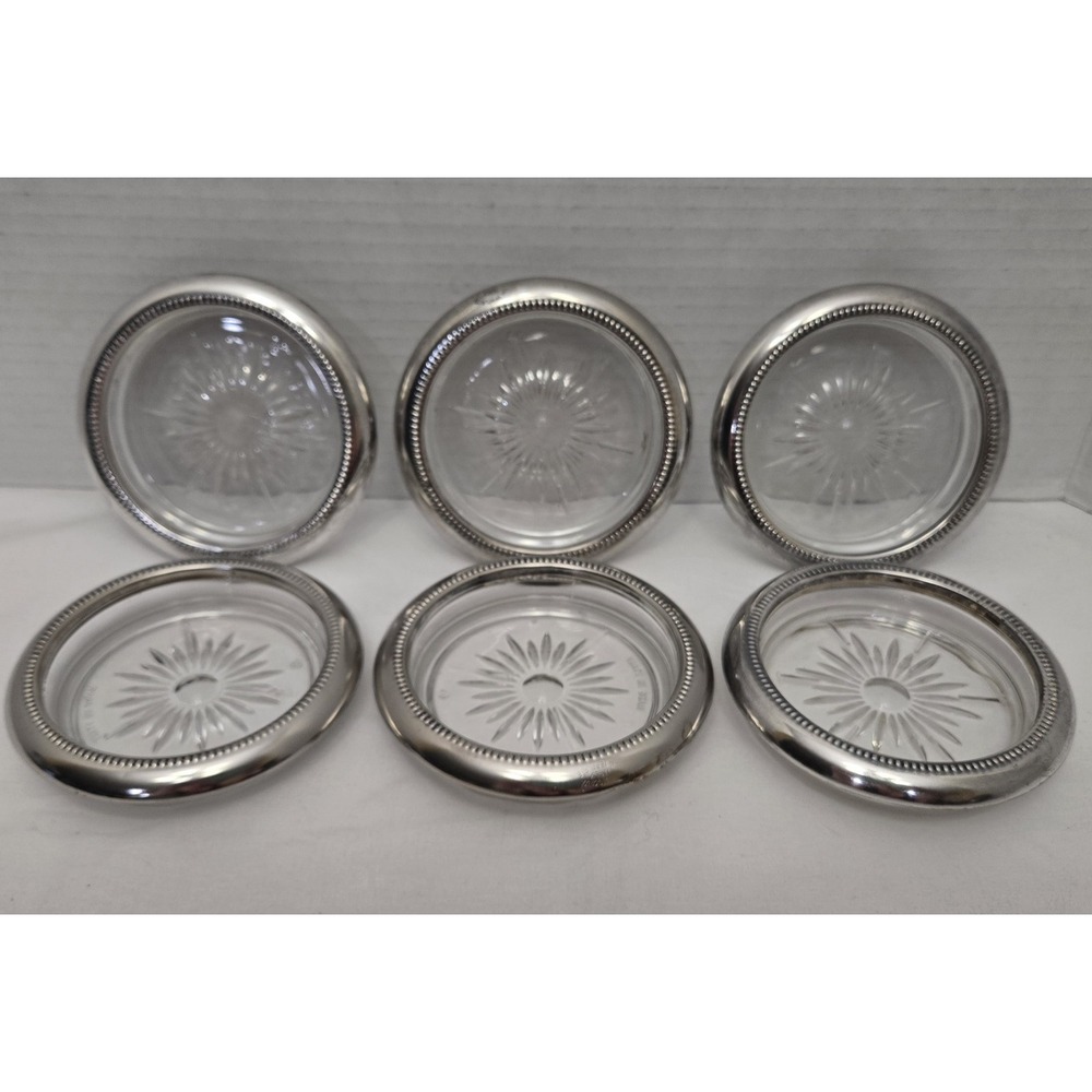 6 Vintage Leonard Silverplated Crystal Starburst Cut Glass Coaster Set Italy